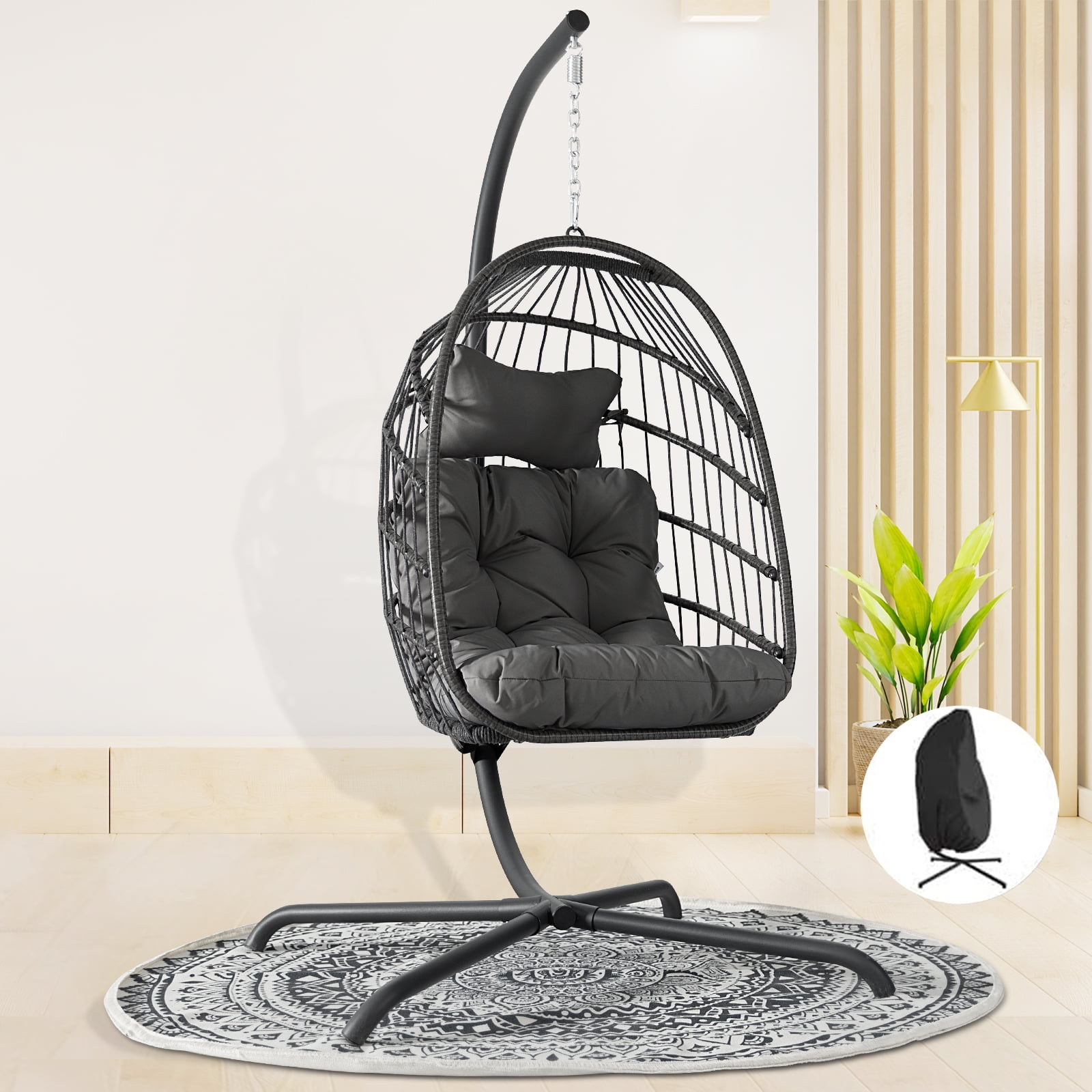 Nicesoul Foldable Wicker Hanging Egg Chair With Stand and Cover, Grey