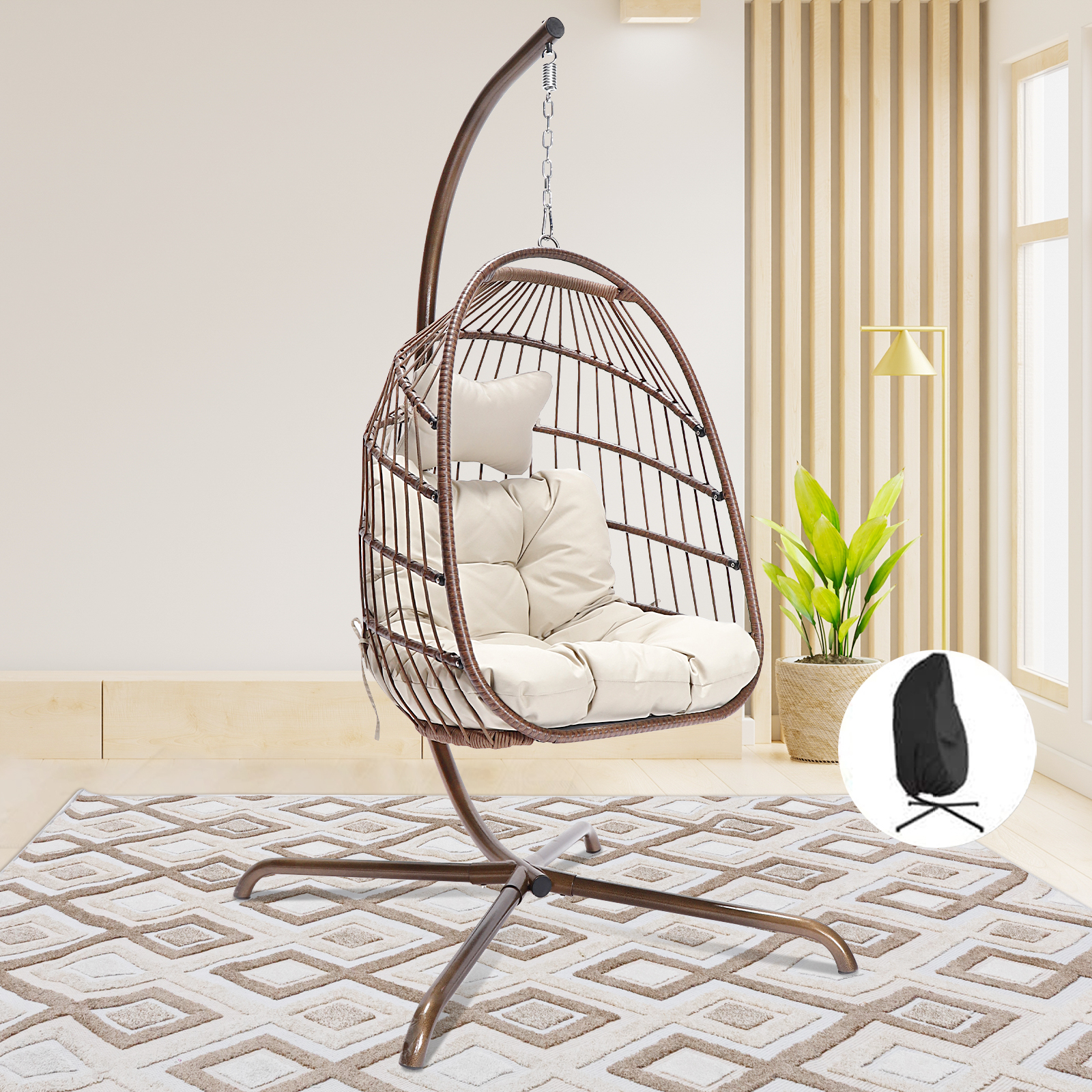 Nicesoul Foldable Wicker Hanging Egg Chair with Stand and Cover, Brown