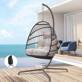 Better Homes Gardens Outdoor Lantis Patio Wicker Hanging Egg Chair with Stand Grey Wicker Blue Cushion Walmart