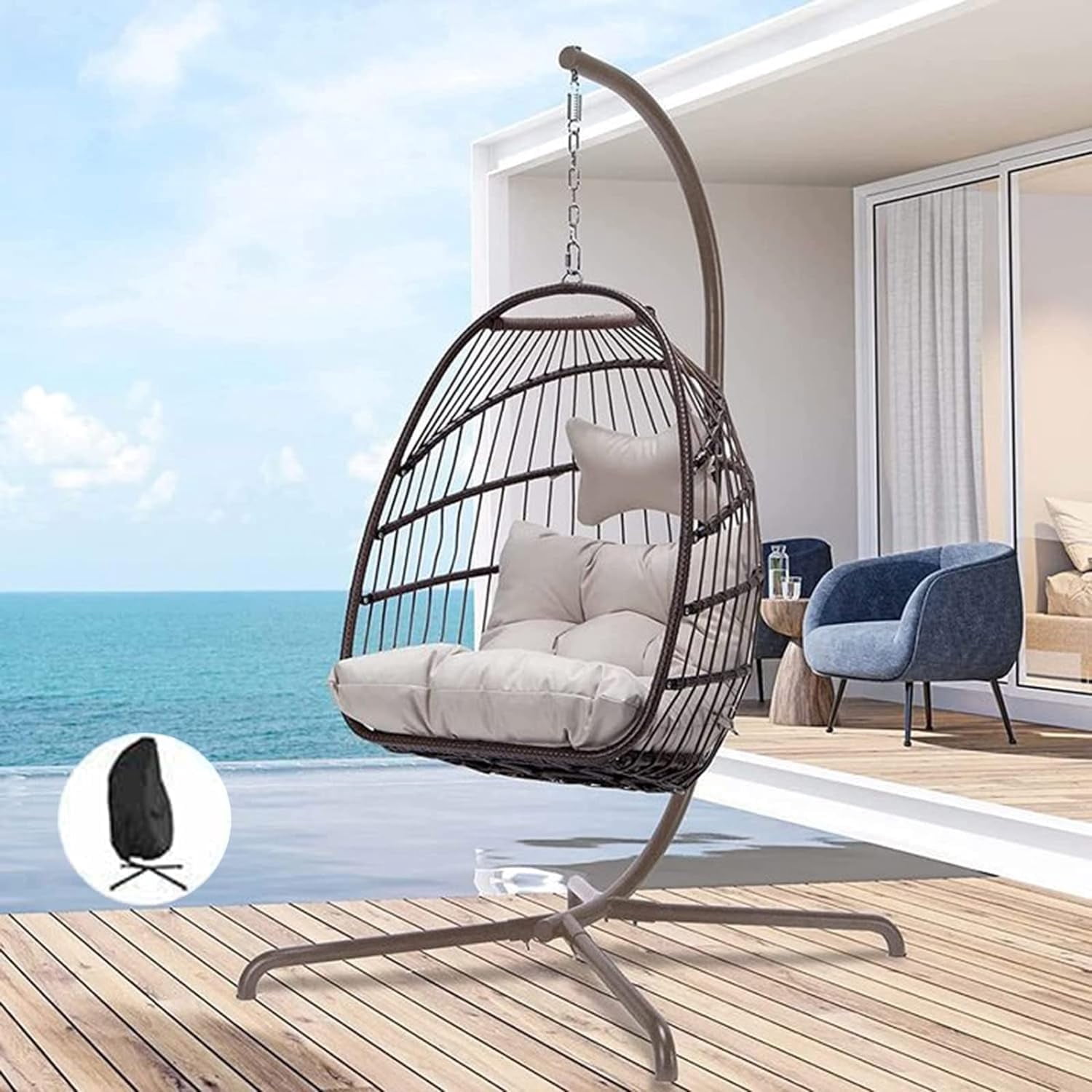 RADIATA Foldable Hanging Egg Chair with Stand and Cover, Indoor Outdoor PE Wicker Lounge Chair, 350 lbs Weight Capacity, Brown