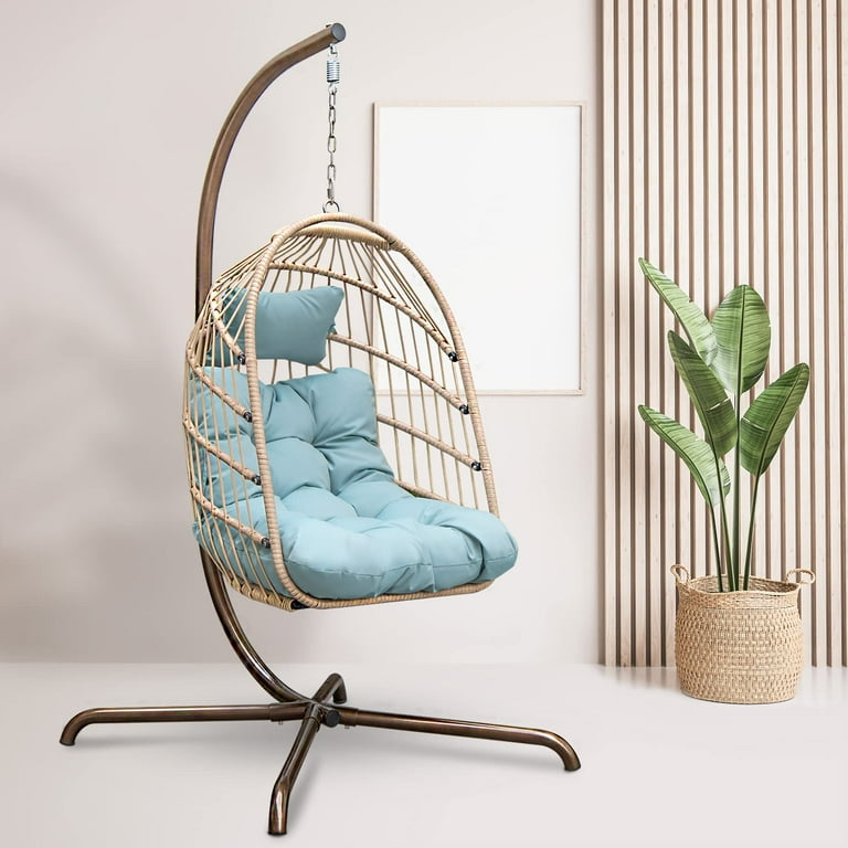 Nicesoul Foldable Wicker Hanging Egg Chair with Stand and Cushions for Indoor Outdoor Blue