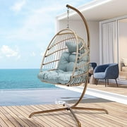 Nicesoul Foldable Wicker Hanging Egg Chair with Stand and Cushions for Indoor Outdoor, Blue