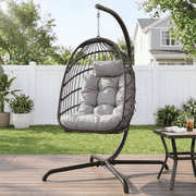 RADIATA Outdoor Foldable Hanging Egg Chair with Stand, PE Wicker Indoor Outdoor Swing Chair with 5 Cushion and Headrest, 350 lbs Capacity, Light Gray
