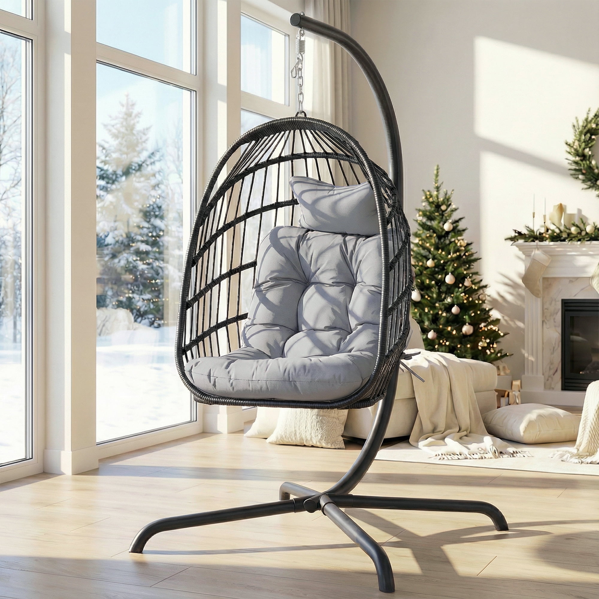 RADIATA Hanging Rattan Egg Chair, 350 lbs Capacity, Swing Chair with Stand and Cushion, Light Gray
