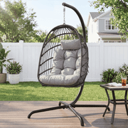 RADIATA Outdoor Foldable Hanging Egg Chair with Stand, PE Wicker Indoor Outdoor Swing Chair with 5 Cushion and Headrest, 350 lbs Capacity, Light Gray