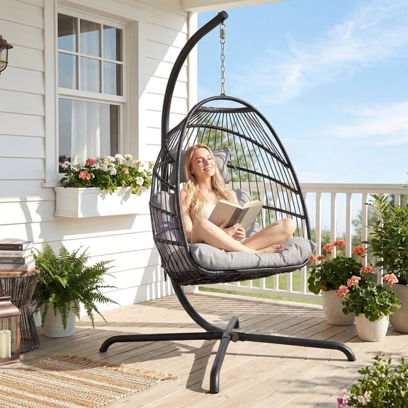 RADIATA Outdoor Foldable Hanging Egg Chair with Stand, PE Wicker Swing Chair with Cushion and Headrest, 350 lbs Capacity, Light Gray
