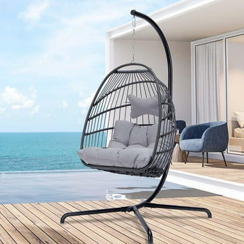 Nicesoul Rattan Swing Egg Chair Hanging Chair With Stand Grey Color 350 lbs Maximum Weight Foldable
