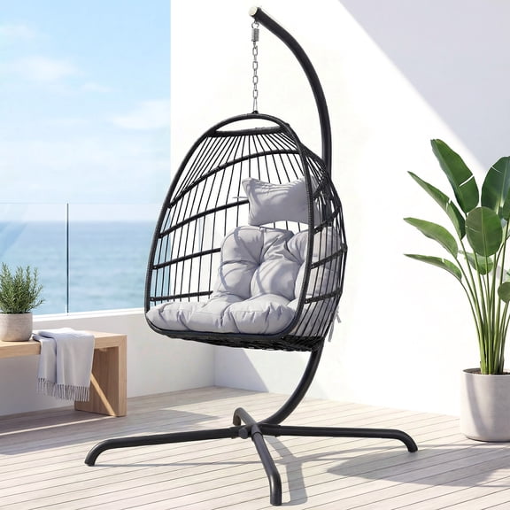 RADIATA Outdoor Foldable Hanging Egg Chair with Stand, PE Wicker Swing Chair with Cushion and Headrest, 350 lbs Capacity, Light Gray