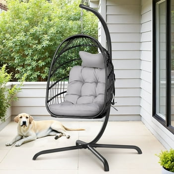 RADIATA Outdoor Foldable Hanging Egg Chair with Stand, PE Wicker Swing Chair with Cushion and Headrest, 350 lbs Capacity, Light Gray