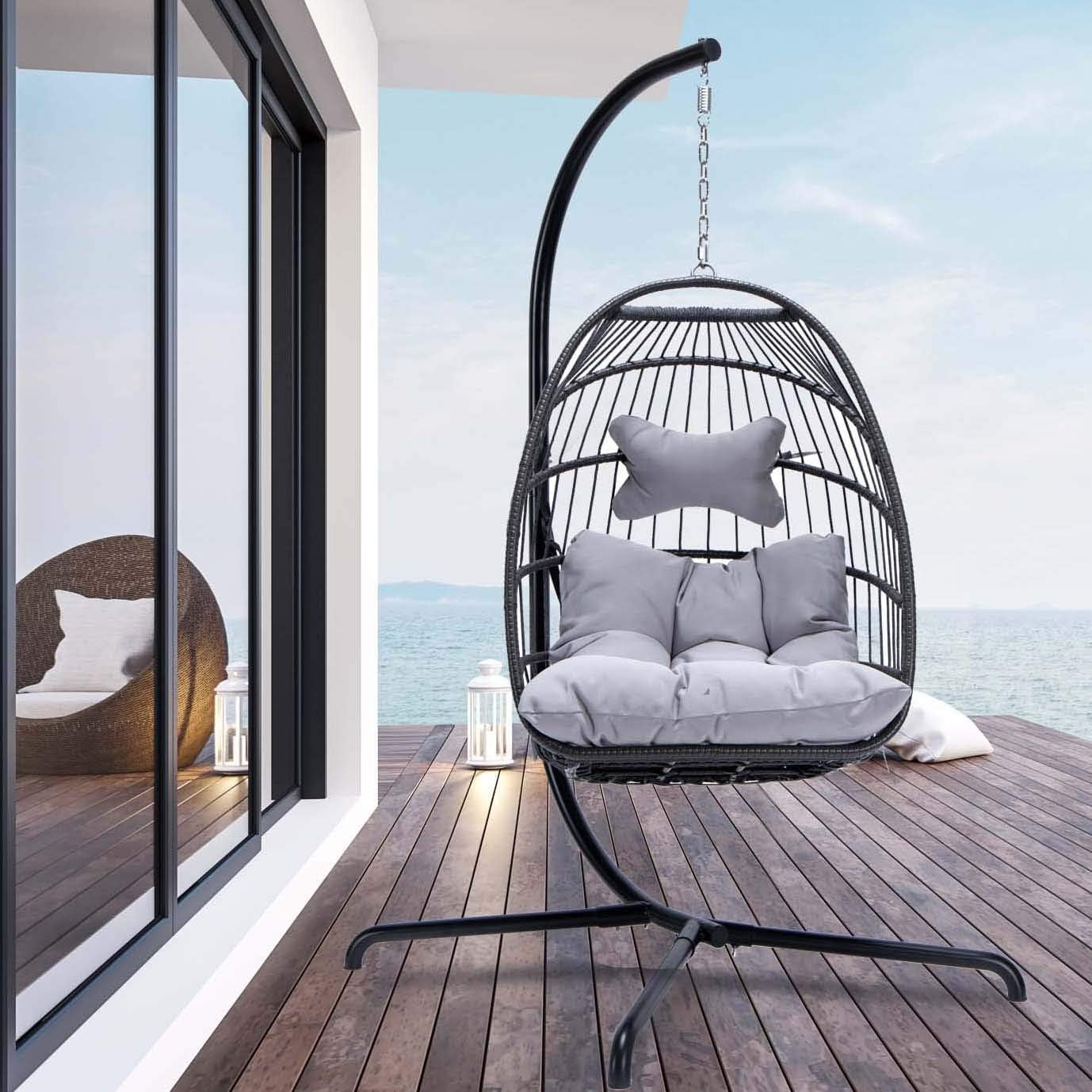 Nicesoul Rattan Swing Egg Chair Hanging Chair With Stand Grey