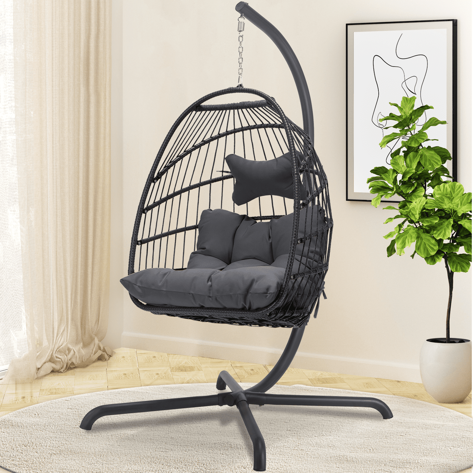 Nicesoul Indoor & Outdoor Wicker Egg Swing Chair with Stand, Dark Grey, Max Weight 350lbs
