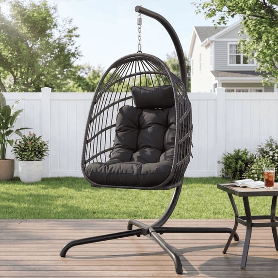 RADIATA Outdoor Foldable Hanging Egg Chair with Stand, PE Wicker Indoor Outdoor Swing Chair with 5" Cushion and Headrest, 350 lbs Capacity, Dark Gray