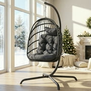 RADIATA Outdoor Foldable Hanging Egg Chair with Stand, PE Wicker Swing Chair with Cushion and Headrest, 350 lbs Capacity,Dark Gray