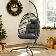 RADIATA Outdoor Foldable Hanging Egg Chair with Stand, PE Wicker Swing Chair with Cushion and Headrest, 350 lbs Capacity,Dark Gray