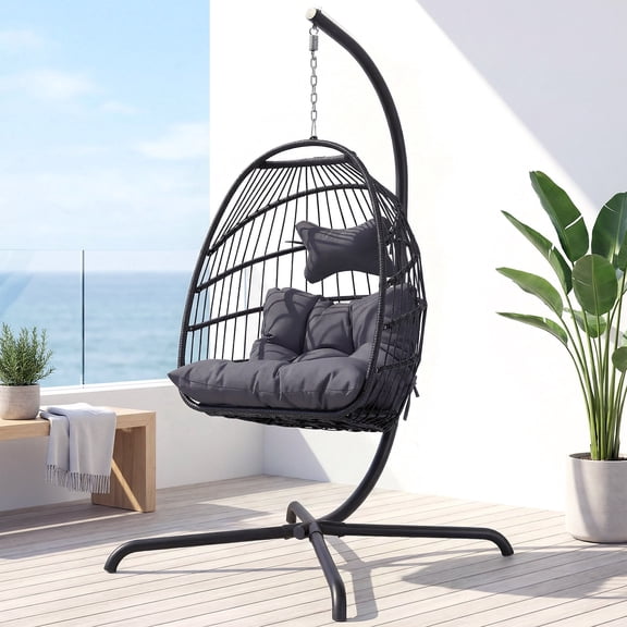 RADIATA Outdoor Foldable Hanging Egg Chair with Stand, PE Wicker Swing Chair with Cushion and Headrest, 350 lbs Capacity,Dark Gray