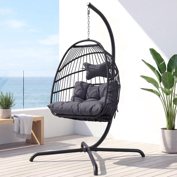 RADIATA Outdoor Foldable Hanging Egg Chair with Stand, PE Wicker Swing Chair with Cushion and Headrest, 350 lbs Capacity,Dark Gray