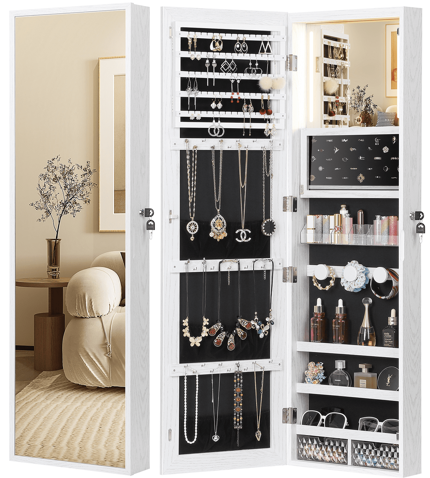 Nicetree Wall Mounted Jewelry with Fulllength Mirror, Lockable
