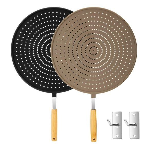 Nicewell 2 Pack Silicone Splatter Screen for Frying Pan, 13" Wooden Handle Grease Splatter Guard with Hook, Food Grade Silicone Splatter Guard for Cooking, Easy to Clean, Heat Resistant, Black + Grey