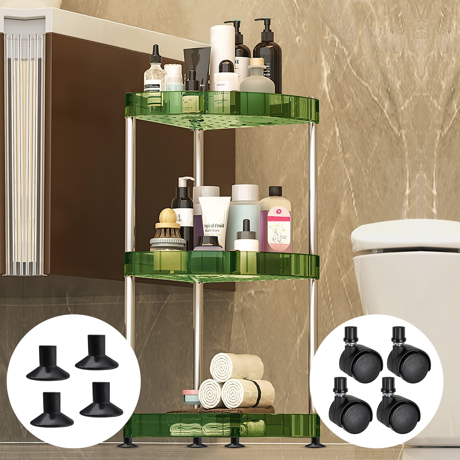 Nicewell 3 Tiers Floor Standing Corner Shower Caddy with Suction Cup Base Wheels 32 H x 9.7 L x 9.7 W Shower Organizer Stand with 3 Hooks Plastic Metal Splicing Shower Caddy Corner Stand