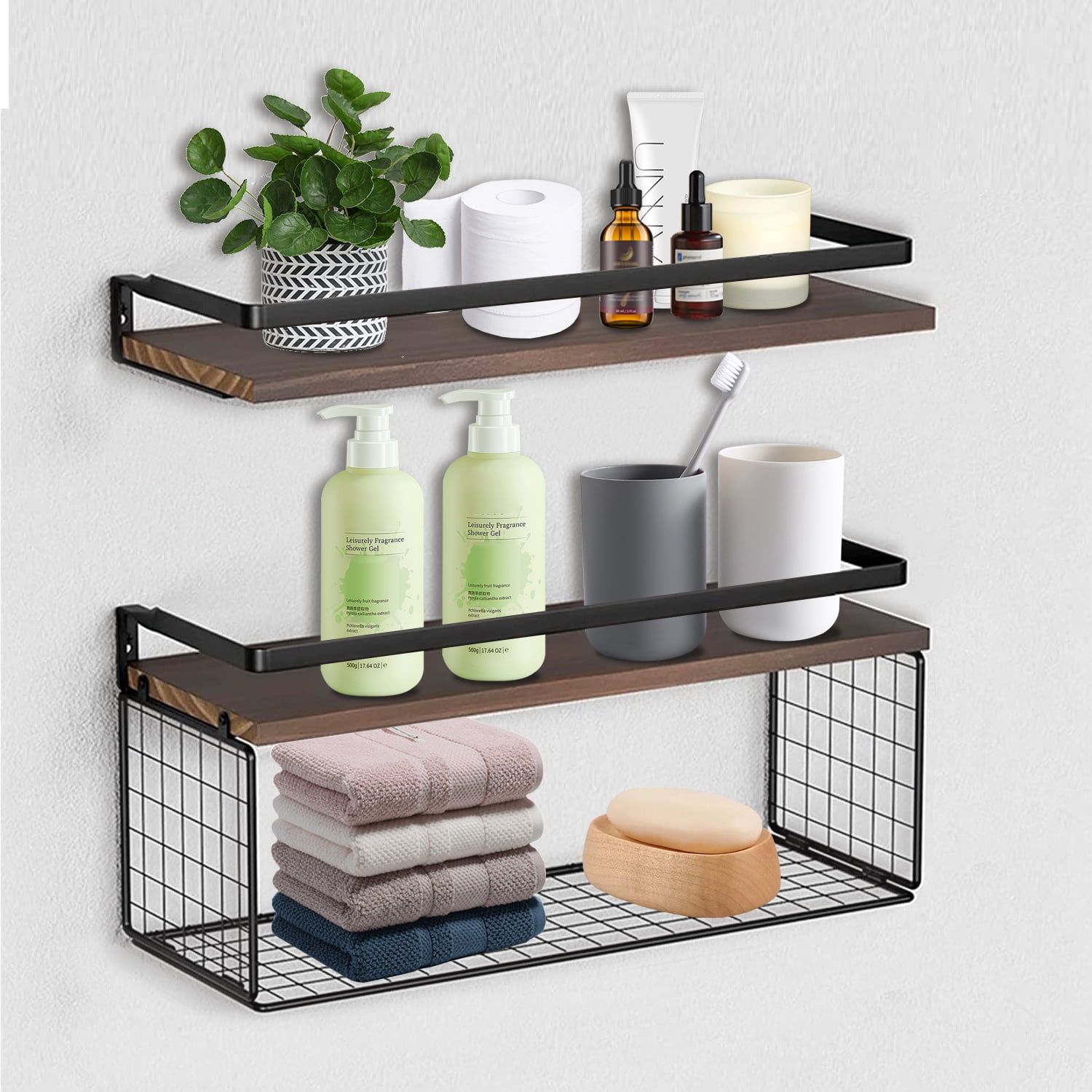 Floating Shelves Wall Mounted with Storage Basket and Protective