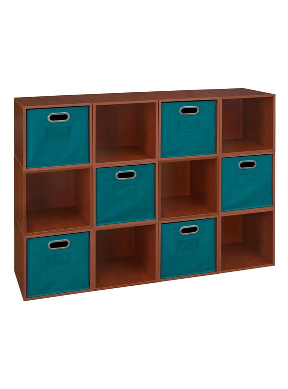 Niche Cubo Storage Organizer Open Bookshelf Set- 12 Cubes 6 Canvas Bins- Cherry/Teal