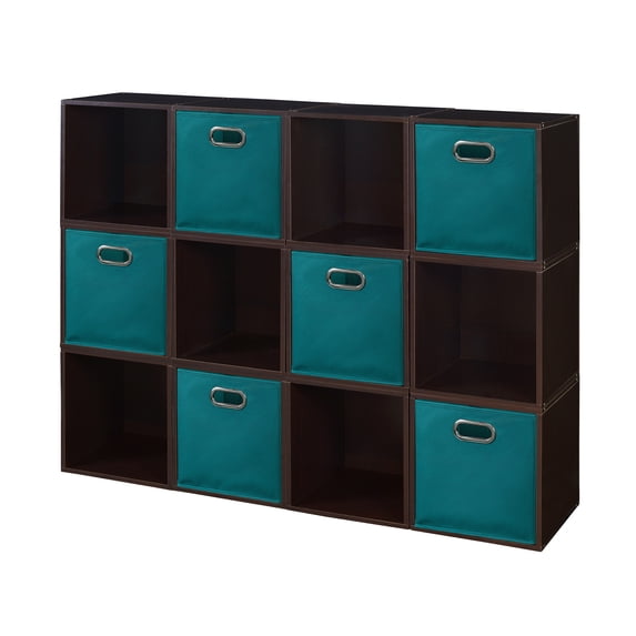 Niche Cubo Storage Organizer Open Bookshelf Set- 12 Cubes 6 Canvas Bins- Truffle/Teal