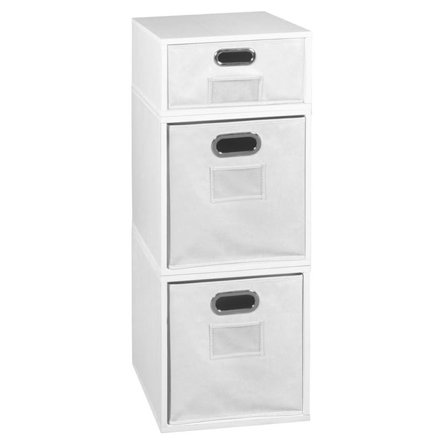 Niche Cubo Storage Organizer Open Bookshelf Set- 2 Full Cubes/1 Half Cube with Foldable Storage Bins- White Wood Grain/White