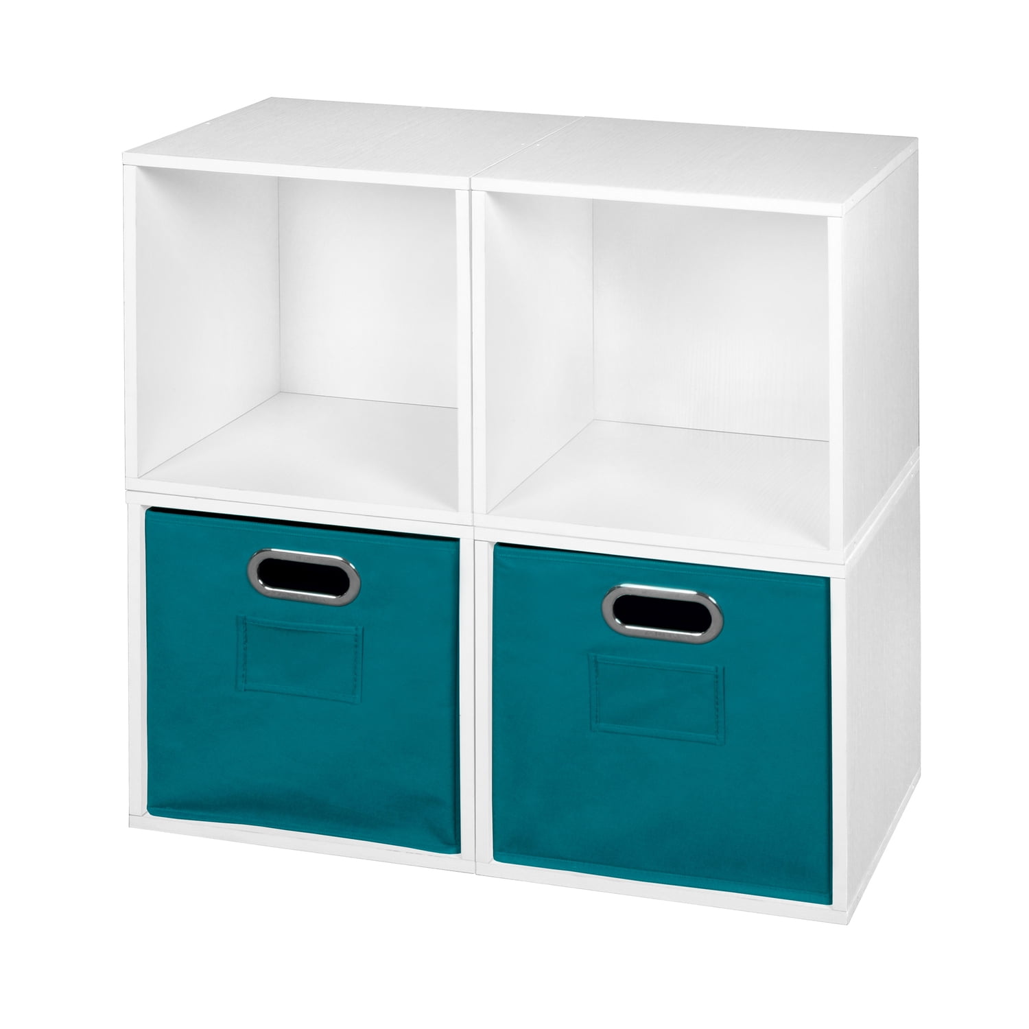 Niche Cubo Storage Organizer Open Bookshelf Set- 4 Cubes 2 Canvas Bins-  White Wood Grain/Teal 