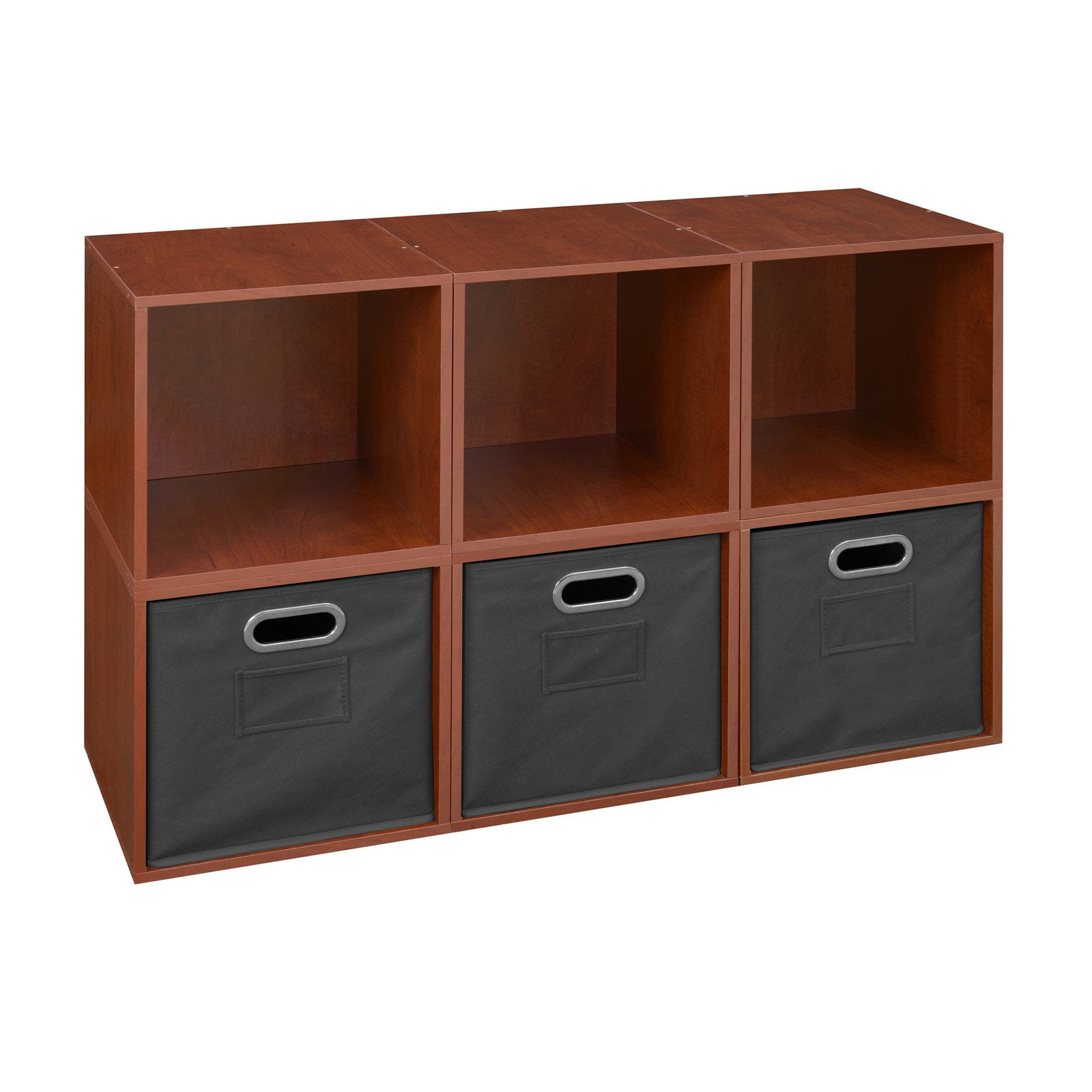Niche Cubo Storage Organizer Open Bookshelf Set 6 Cubes 3 Canvas Bins Cherry/Grey