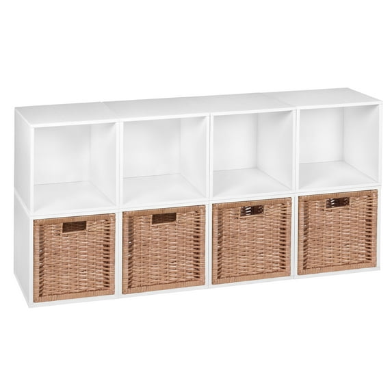 Niche Cubo Storage Organizer Open Bookshelf Set- 8 Cubes 4 Wicker Baskets- White Wood Grain/Natural