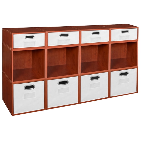 Niche Cubo Storage Organizer Open Bookshelf Set- 8 Full Cubes/4 Half Cubes with Foldable Storage Bins- Cherry/White