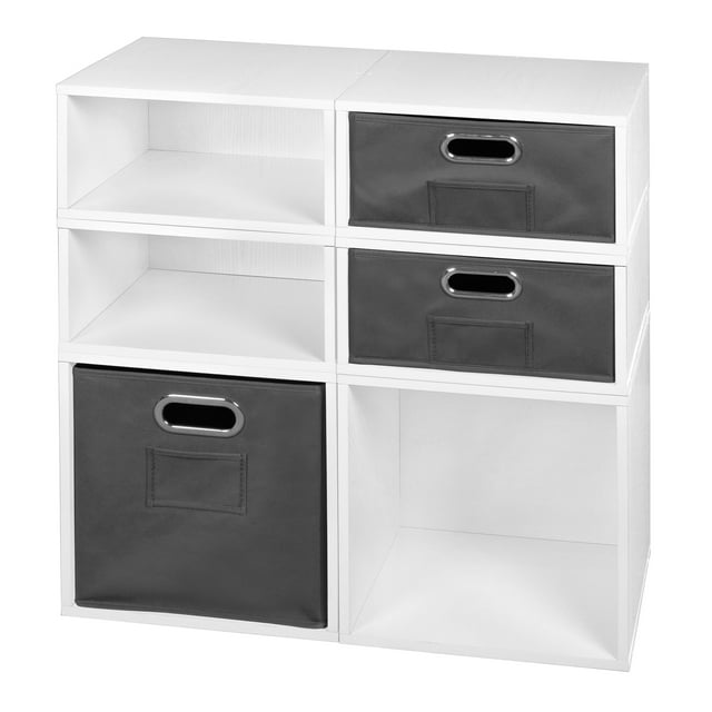 Niche Cubo Storage Set- 2 Full Cubes/4 Half Cubes with Foldable Storage Bins- White Wood Grain/Grey
