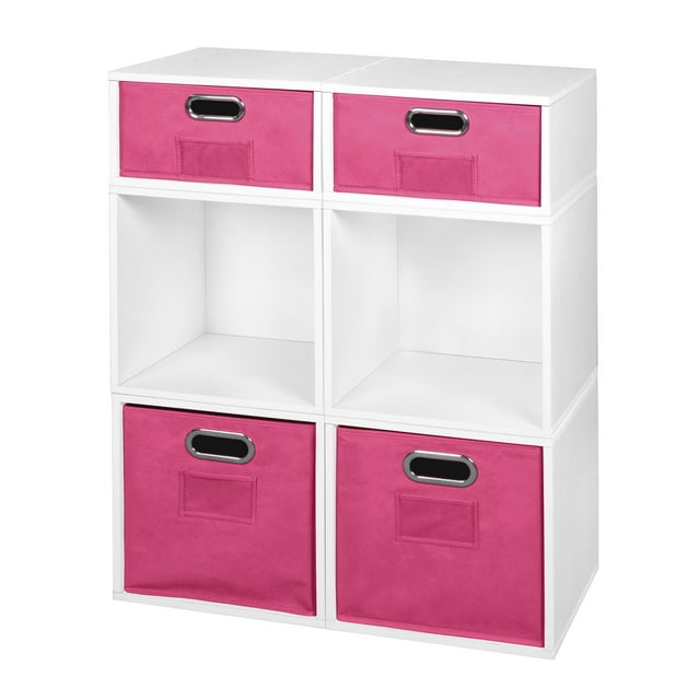 Niche Cubo Storage Set- 4 Full Cubes/2 Half Cubes with Foldable Storage Bins- White Wood Grain/Pink