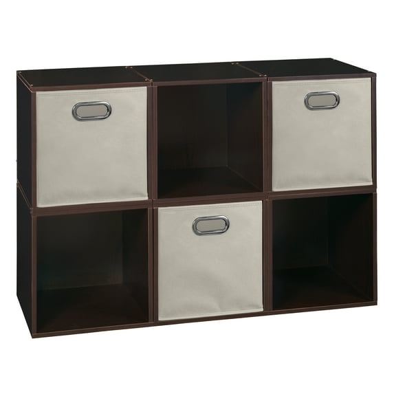 Niche Cubo Storage Organizer Open Bookshelf Set- 6 Cubes 3 Canvas Bins- Truffle/Natural