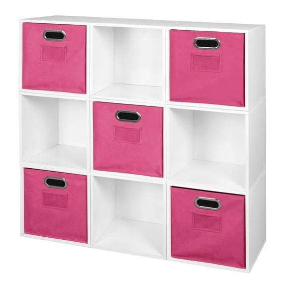 Niche Cubo Storage Set - 9 Cubes and 5 Canvas Bins- White Wood Grain/Pink