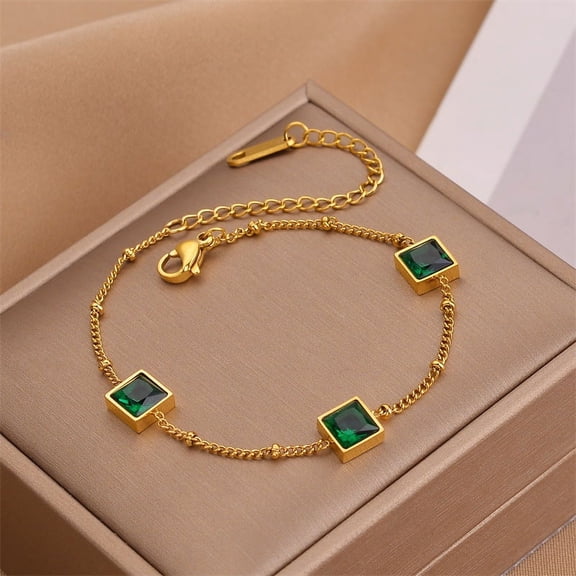 Niche Design Gold Square Emerald Zircon Titanium Steel Bracelet