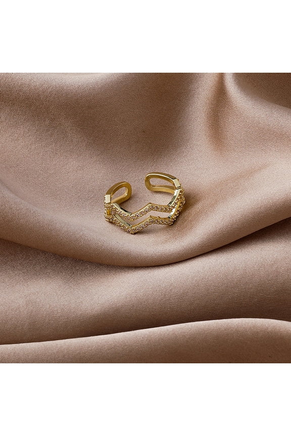 Niche Double Layer Wave Index Finger Ring Copper Korea Style Women Inlaid Gems Semi Precious Stones Aura Charm