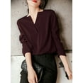 thumbnail image 1 of Niche Satin Design V-Neck Solid Color Puff Long-Sleeved Blouse, Burgundy, Large, 1 of 5