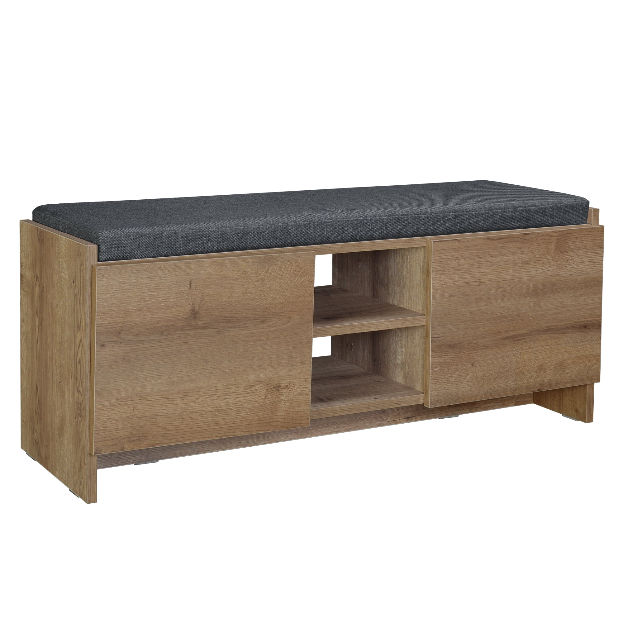 Rustic Walnut Shoe Storage Bench with Shelves and Cushion
