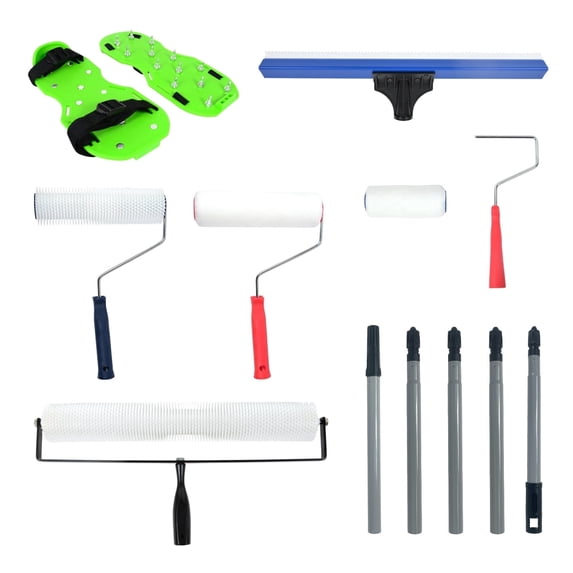 Nichiyo 7-in-1 Self-Leveling Cement Tool Kit with Spike Rollers, Paint Rollers, Leveling Rake, Epoxy Spikes Shoes, Extension Pole