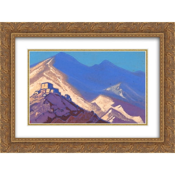 Nicholas Roerich 2x Matted 24x20 Gold Ornate Framed Art Print 'Dark-blue mountains and buildings on the hiil'