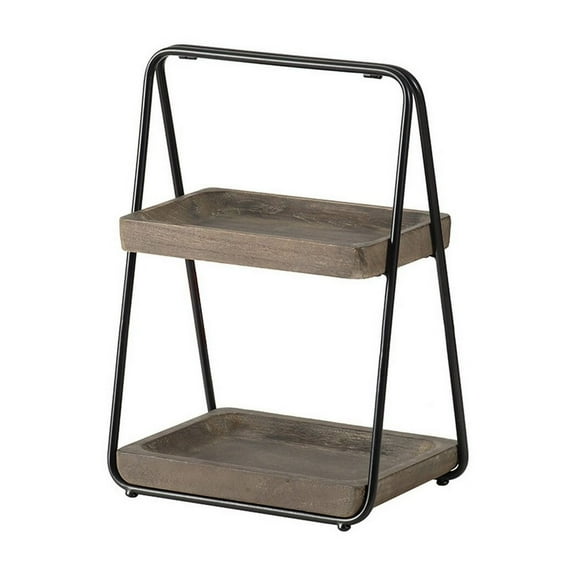 Nick 19 Inch 2 Tier Decorative Tray Stand Black Iron Frame Gray Wood
