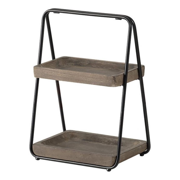 Benjara Nick 19" 2 Tier Decorative Tray Stand- Black Iron Frame- Gray Wood