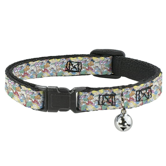 Nick 90s Breakaway Cat Collar With Bell, Plastic Clip, Easy Adjustable, Nick 90s Rewind Character Mash Up Collage White, 8.5 to 12 Inches 0.5 Inch Wide