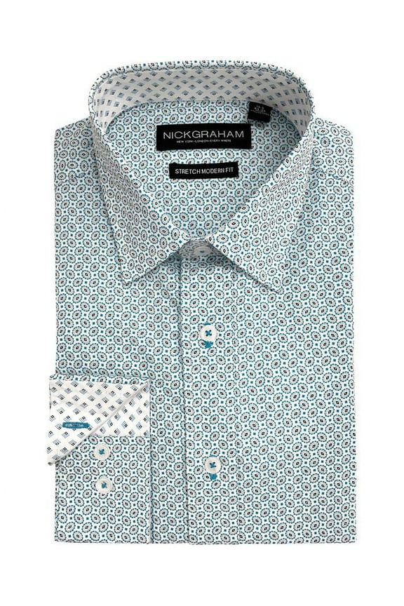 Mens Modern-Fit Stretch Foulard Geometric Print Dress Shirt