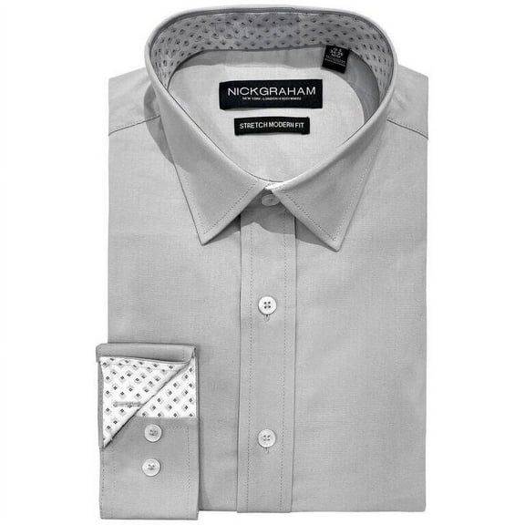 Nick Graham Men's Modern-Fit Stretch Solid w/Contrast Dress Shirt Grey-17.5 3637
