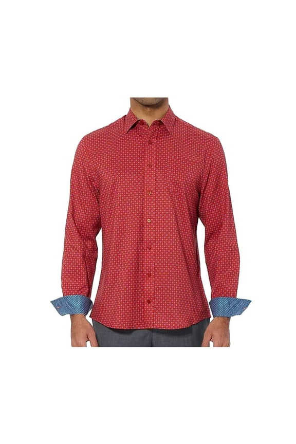 Men's Printed Long Sleeve Woven Shirt (Rust, Large)