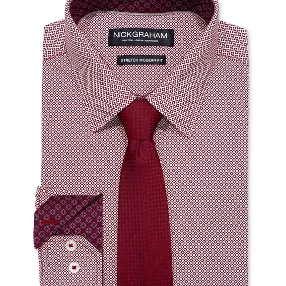 Nick Graham Mens Crossroads Squares Tie Set Button Down Dress Shirt, Red, 17.5-18