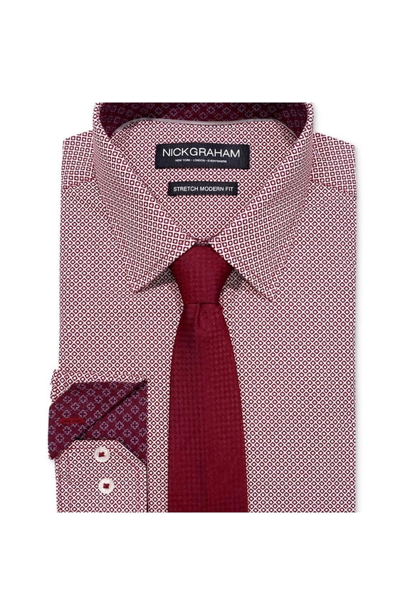 Mens Crossroads Squares Tie Set Button Down Dress Shirt, Red, 17.5-18