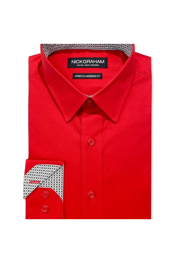 Mens Poplin Solid Button Down Dress Shirt, Red, 14.5-15
